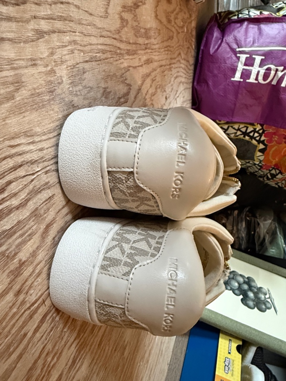 Michael Kors Beige and White Monogram Zip-Front Slip-On Sneakers - Picture 6 of 9